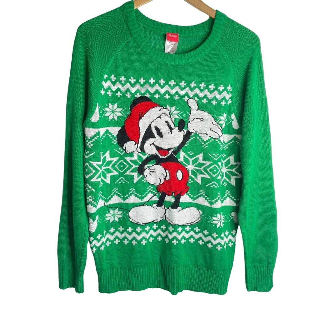 Disney Mickey Mouse Christmas Sweater Green White Santa
